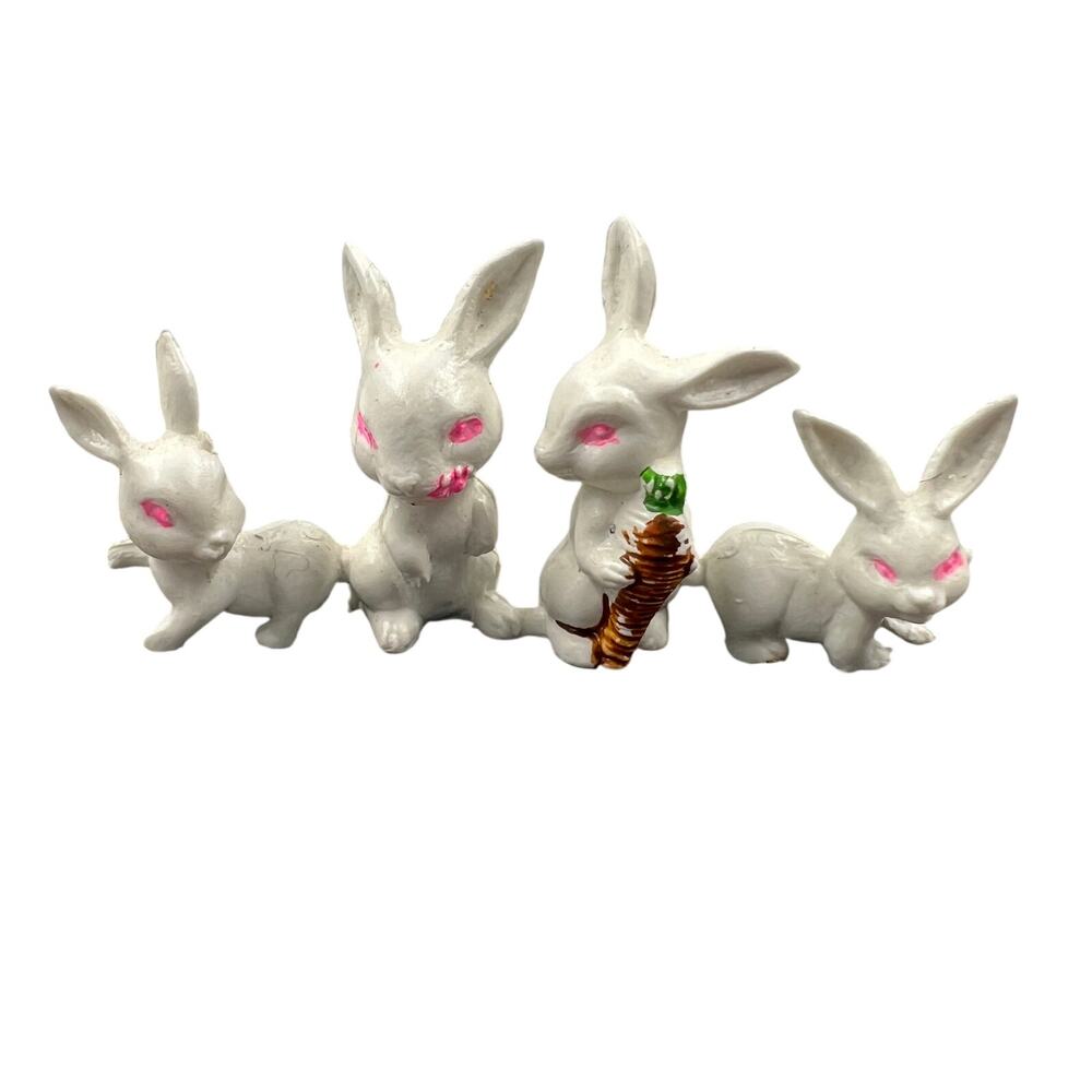 Vintage‎ Hong Kong Plastice Easter Bunny Rabbit Pink Eyes RARE Mini Figure